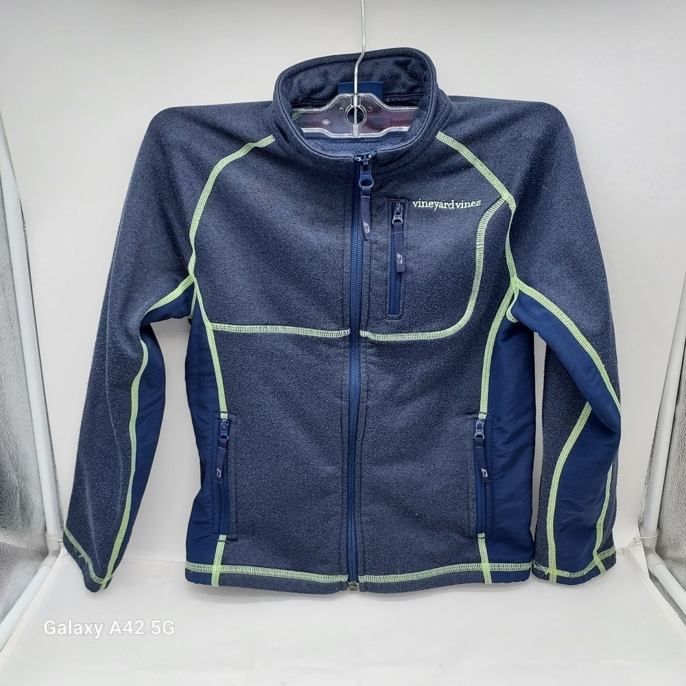 Vineyard Vines Boys Navy Blue Full Zip Performance Fleece Jacket Lime Green L - Picture 2 of 5